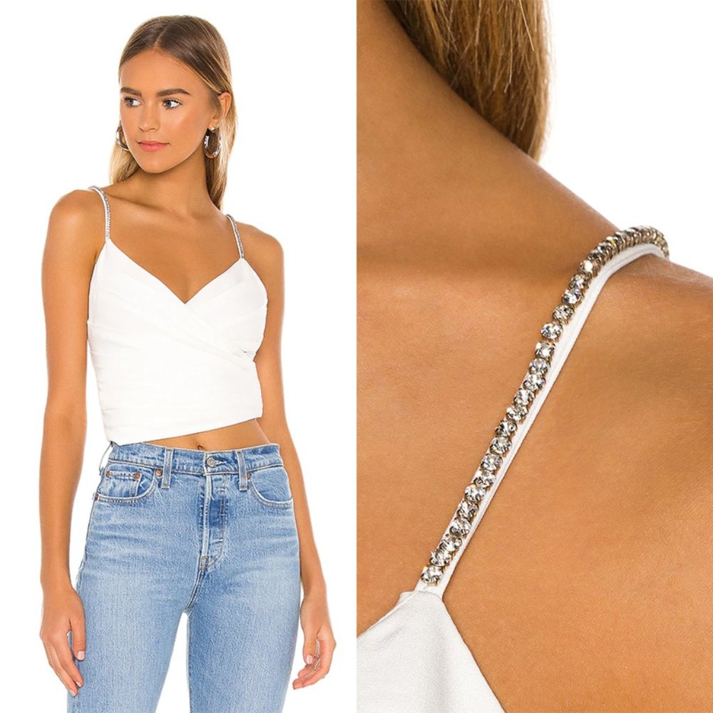 NWT NBD Julina Crystal Rhinestone Embellished Strap Crop Top Ivory White Medium